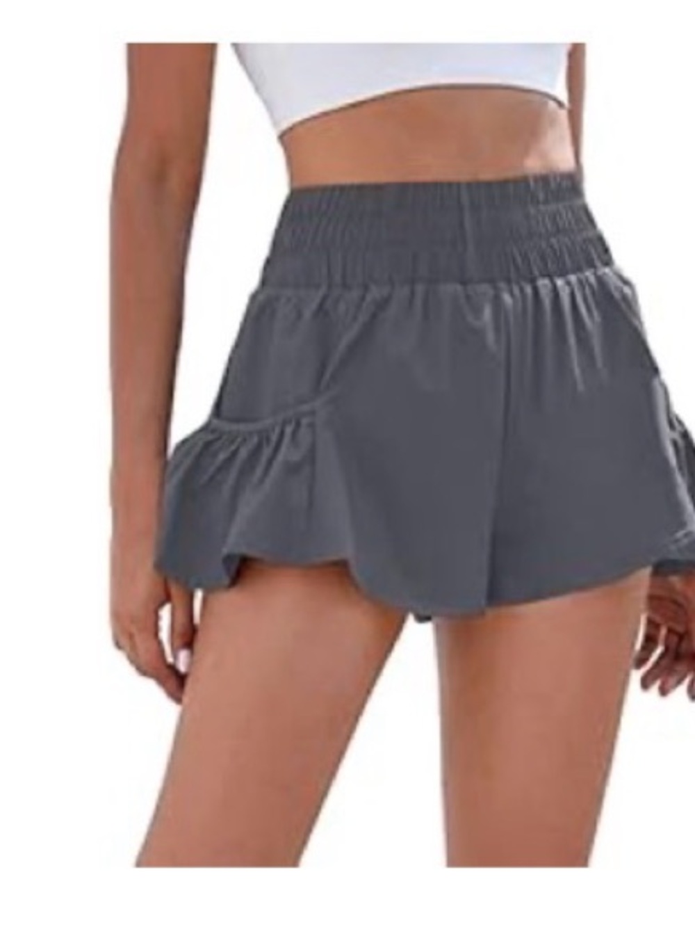 Smocked Waist Gray Ruffle Skort with Side Pockets - Women's